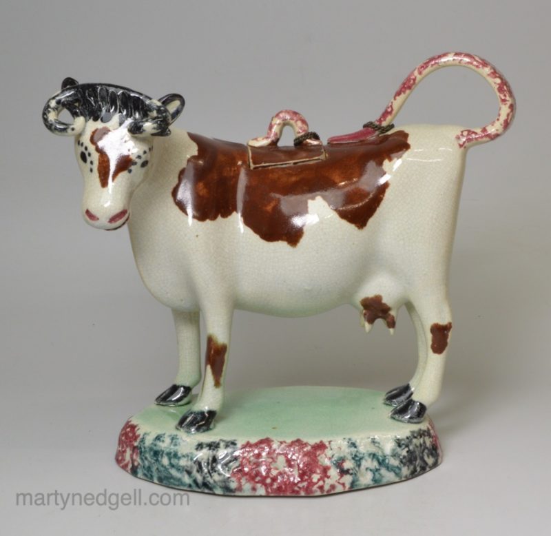 Yorkshire type pearlware pottery cow creamer, circa 1820