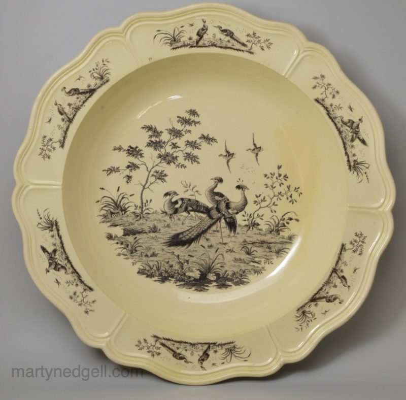 Very large creamware pottery shallow bowl printed with exotic birds, circa 1780 probably Wedgwood