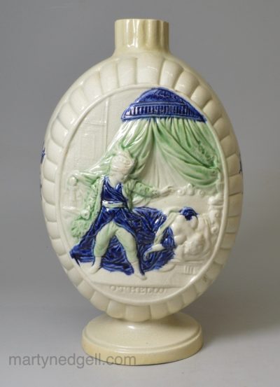 Pearlware pottery flask or large tea canister moulded with scenes from Othello, circa 1800
