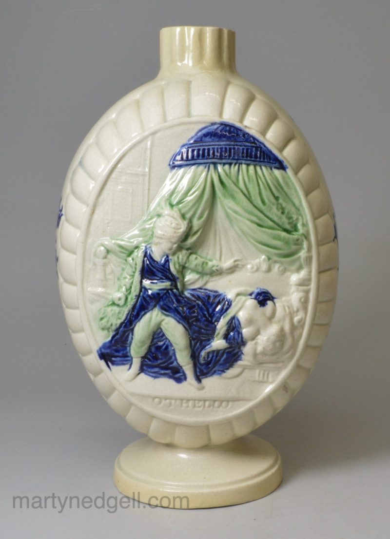 Pearlware pottery flask or large tea canister moulded with scenes from Othello, circa 1800