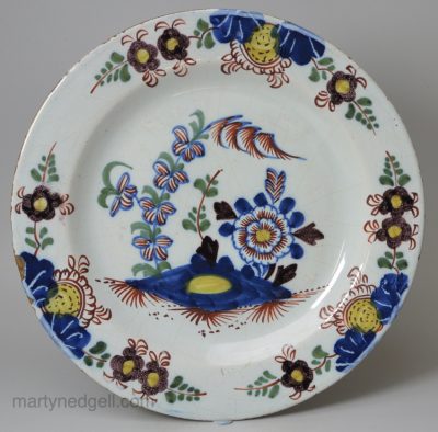 London delft polychrome plate, circa 1760