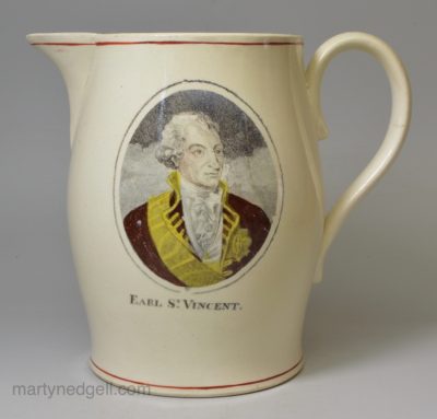 Creamware commemorative pottery jug printed with a portrait of Ear St. Vincent, circa 1797