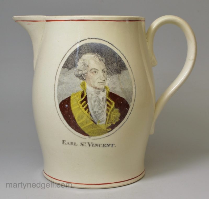 Creamware commemorative pottery jug printed with a portrait of Ear St. Vincent, circa 1797