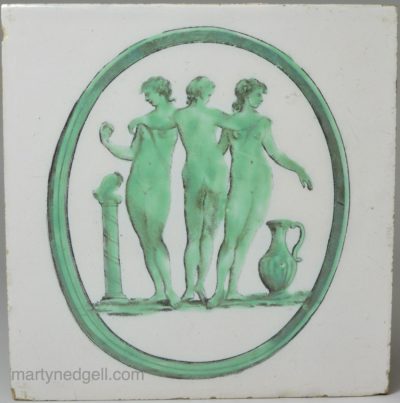 Liverpool Delft tile decorated with a Sadler print 'The Three Graces', circa 1775