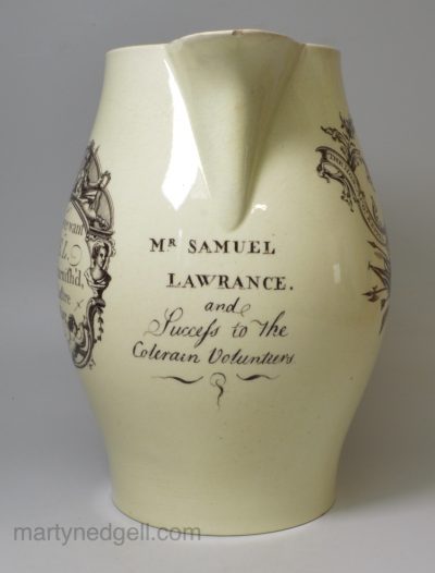Wedgwood creamware pottery commemorative jug Admiral Keppel and 'Success to the Colerain Volunteers, circa 1780