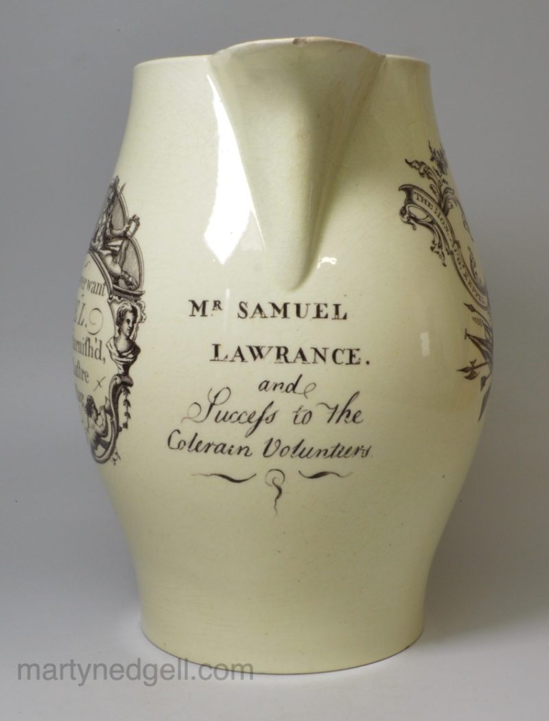 Wedgwood creamware pottery commemorative jug Admiral Keppel and 'Success to the Colerain Volunteers, circa 1780