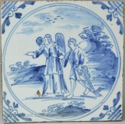 London delft biblical tile, Tobias and the angel, circa 1750