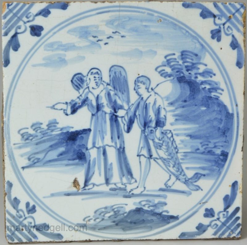 London delft biblical tile, Tobias and the angel, circa 1750