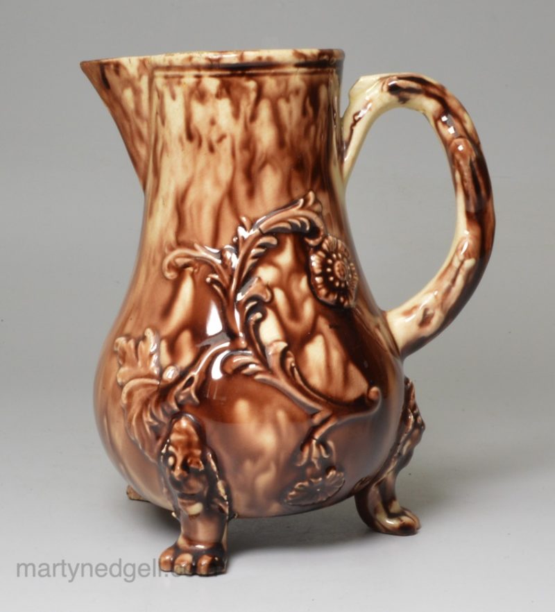 Creamware pottery jug decorated with Whieldon type glazes, circa 1770