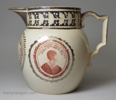 Commemorative pearlware pottery jug William Betty the British child actor, circa 1804