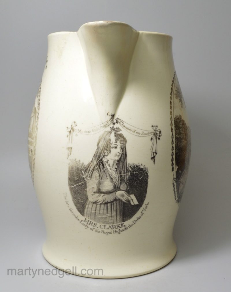Commemorative creamware jug Mrs Clarke scandal, circa 1810