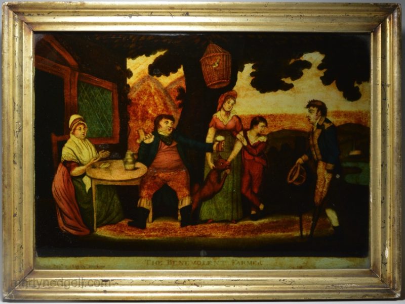 Reverse print on glass 'THE BENEVOLENT FARMER', pub. Sept 3 1807 by HINTON