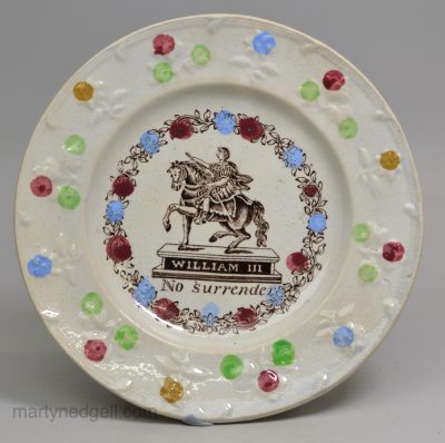 Commemorative pearlware pottery small plate WILLIAM III No Surrender, circa 1830