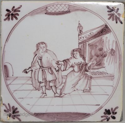Bristol delft biblical tile, circa 1750, Joseph and Potiphar's wife
