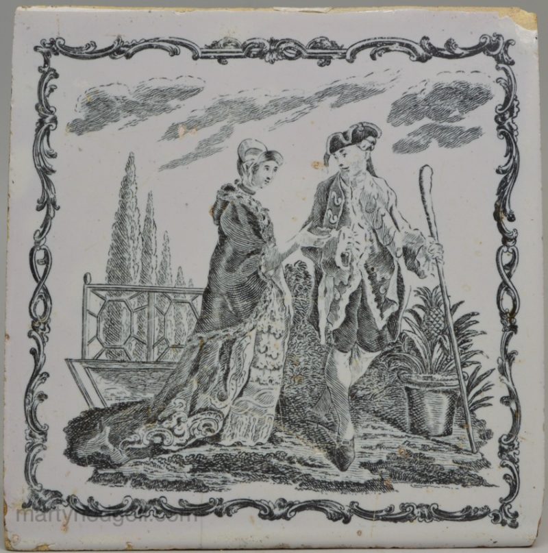Liverpool delft tile decorated with a Sadler print, circa 1770