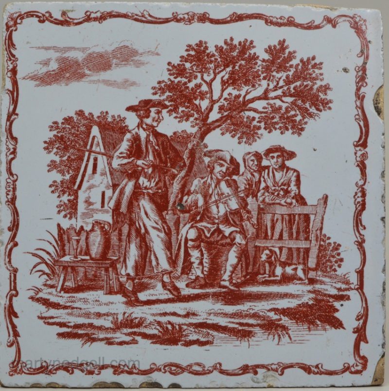 Liverpool delft tile decorated with a Sadler print or a country dancer, circa 1765