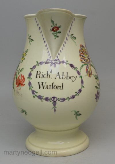 Creamware pottery serving jug 'Rich'd Abbey, Watford', circa 1770 probably Leeds Pottery