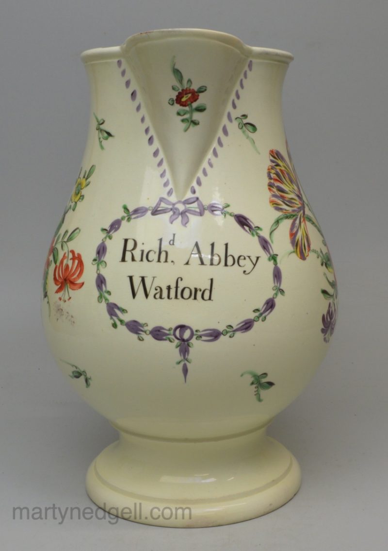 Creamware pottery serving jug 'Rich'd Abbey, Watford', circa 1770 probably Leeds Pottery