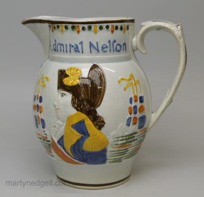 Commemorative prattware pottery jug, 'Admiral Nelson and Captain Berry, circa 1800