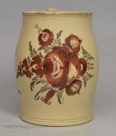 Creamware pottery mug painted in overglaze enamels, circa 1770