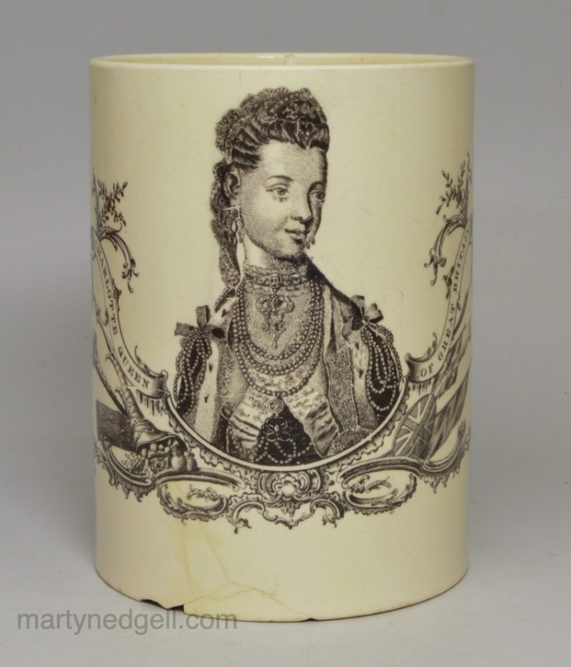 Commemorative creamware mug decorated with a print of Queen Charlotte, circa 1780