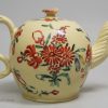 Creamware pottery teapot decorated with enamels over the glaze, circa 1770, possibly Cockpit Hill