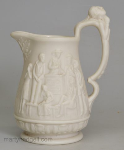 Small parian ware jug moulded with scenes from Uncle Tom's Cabin, circa 1855
