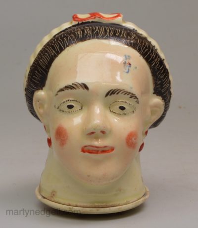 Creamware pottery snuff box moulded as a ladies head, circa 1780