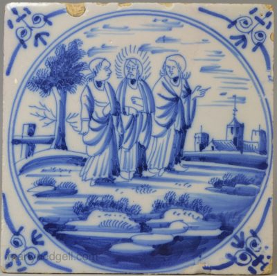Dutch Delft biblical tile, circa 1750, Christ on the road to Emmaus