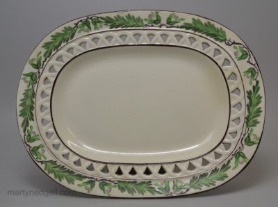 Creamware pottery stand pierced with a painted hops border, circa 1800 Davenport Pottery Staffordshire