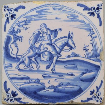 Dutch Delft biblical tile, The Disobedient Prophet, circa 1750