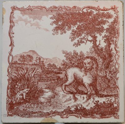 Liverpool delft tile decorated with a Sadler Aesop's label print 'The Lion and the Frog', circa 1770