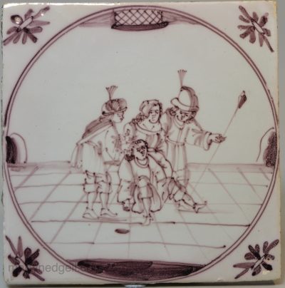 Bristol delft biblical tile, the Shearing of Samson, circa 1750
