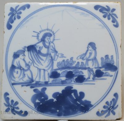 Bristol delft biblical tile, miracle of the loaves and fishes, circa 1750