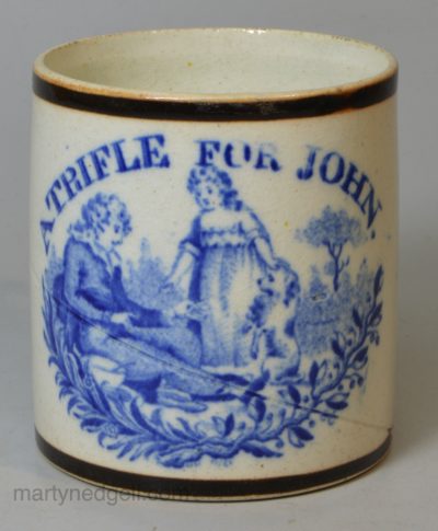 Pearlware pottery child's mug 'A TRIFLE FOR JOHN', circa 1820