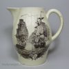 Large commemorative creamware pottery jug with prints of the Death of Wolfe and a navel battle, circa 1795