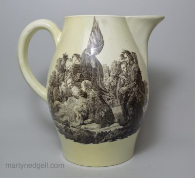 Large commemorative creamware pottery jug with prints of the Death of Wolfe and a navel battle, circa 1795