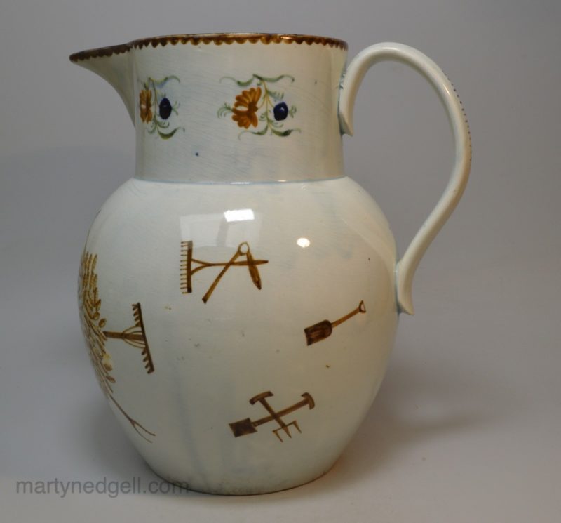 Large prattware pottery farming jug, circa 1820