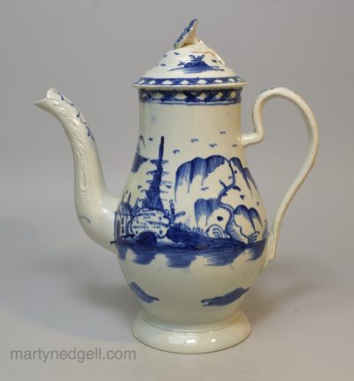 Small pearlware coffee pot decorated with blue under the glaze, circa 1790