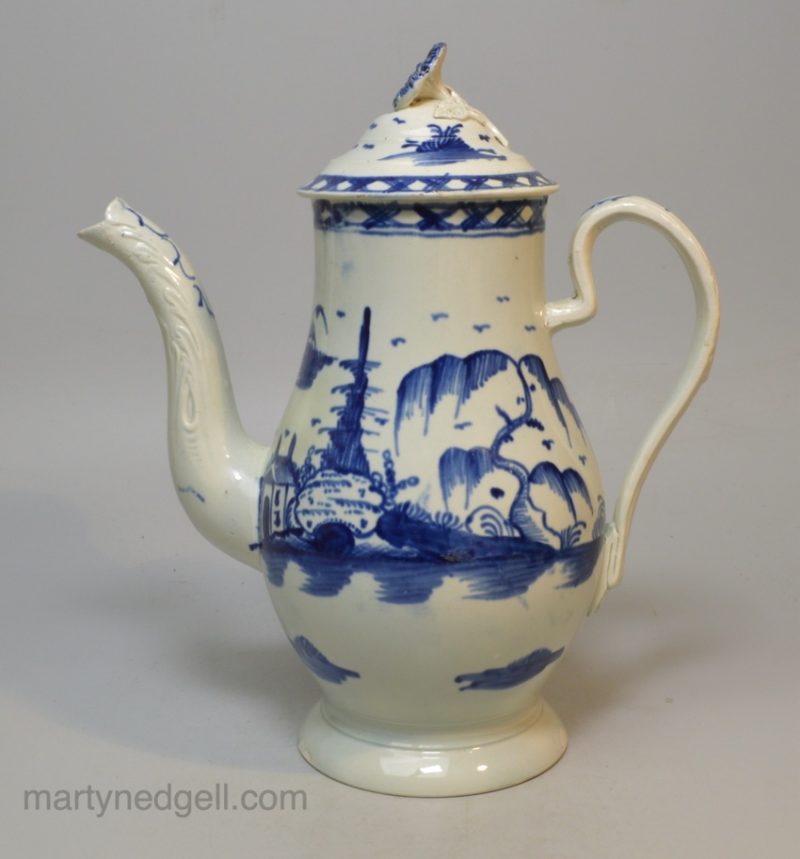 Small pearlware coffee pot decorated with blue under the glaze, circa 1790