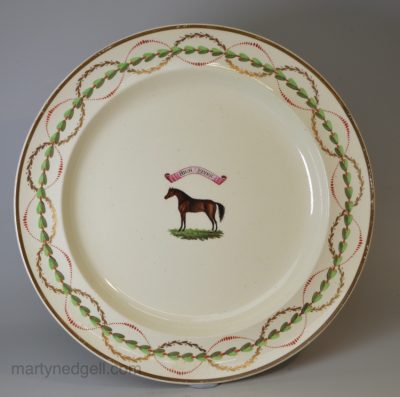 Creamware pottery plate painted with the famous race horse 'HIGH FLYER', circa 1793 Neale & Co