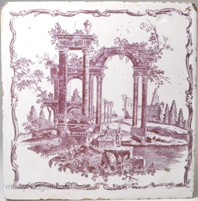 Liverpool delft tile decorated with a Sadler print of ruins in a rare puce colour, circa 1765