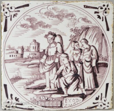Dutch Delft biblical tile, circa 1750 Moses and the bullrushes