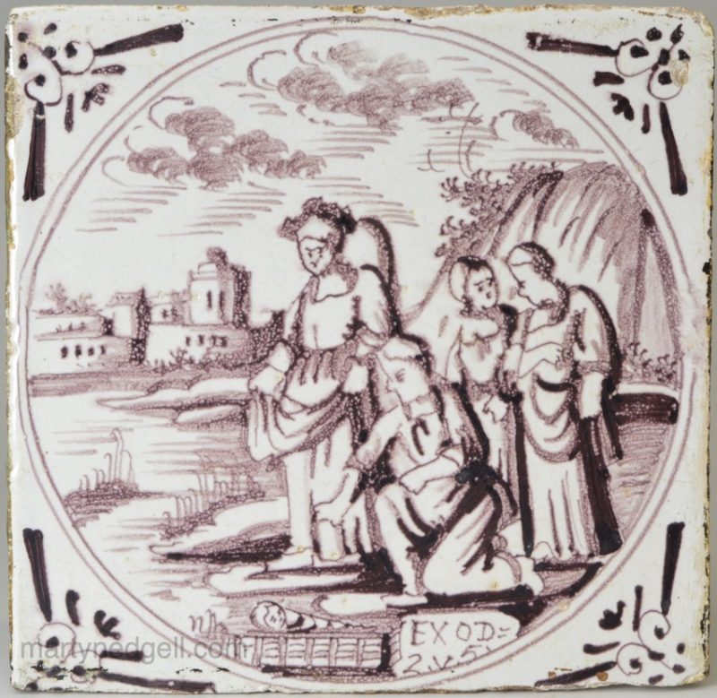 Dutch Delft biblical tile, circa 1750 Moses and the bullrushes