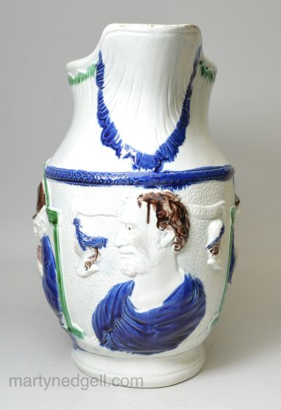 Large pearlware pottery jug moulded with 'Shakespeare Poet, Spendthrift and The Miser, circa 1800