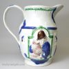 Large pearlware pottery jug moulded with 'Shakespeare Poet, Spendthrift and The Miser, circa 1800