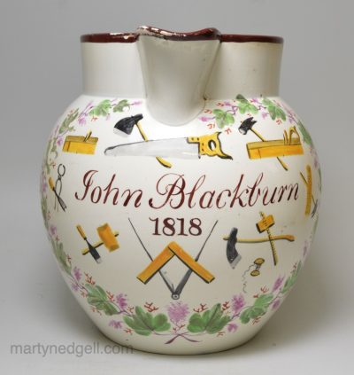 Pearlware pottery jug 'John Blackburn' a carpenter, dated 1818, probably Don Pottery