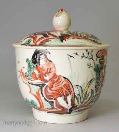 English creamware pottery sugar pot and cover decorated in the Netherlands, circa 1780