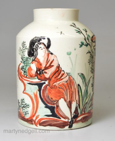 English creamware pottery tea canister decorated in the Netherlands, circa 1780