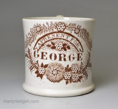 Pearlware pottery child's mug 'GEORGE', circa 1830